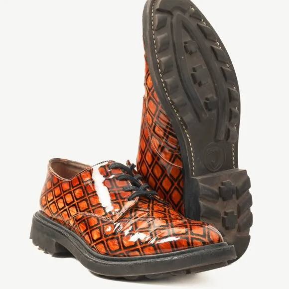 Robert Clergerie Brown Geometric-Pattern Lug Sole Patent Leather Derby Shoes