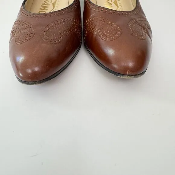 Salvatore Ferragamo Womens Heel Pump Shoe Size 7 Narrow Perforated Leather Brown