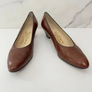 Salvatore Ferragamo Womens Heel Pump Shoe Size 7 Narrow Perforated Leather Brown