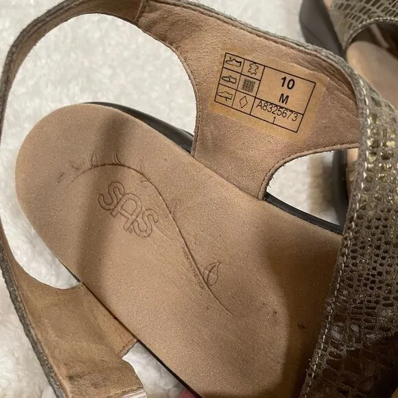 SAS Laguna Leather Sandals Comfort Shoe Metallic Olive Gold Snake 10