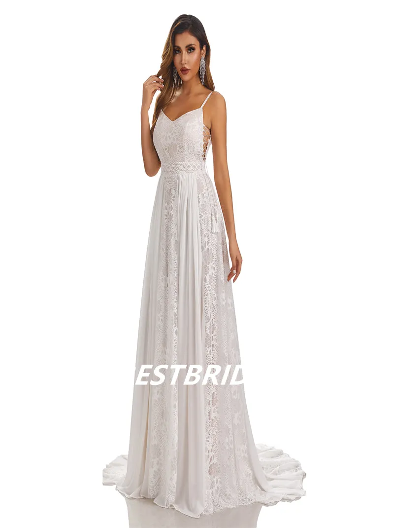 Sexy Spaghetti Straps A-Line Handmade Lace Wedding Dressess, WDY0186