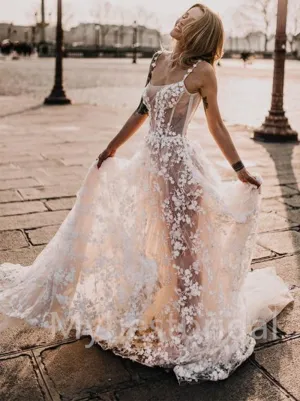 Sexy Spaghetti straps Square neckline A-line Wedding Dresses, WDY0204