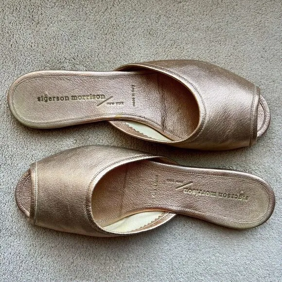Sigerson Morrison  NY Metallic Rose Gold Leather Flat Open Toe Sandals Women 6.5