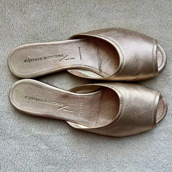 Sigerson Morrison  NY Metallic Rose Gold Leather Flat Open Toe Sandals Women 6.5
