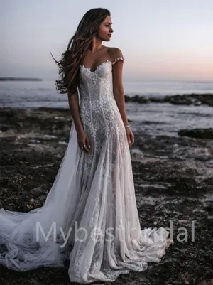 Simple Off-shoulder Sweetheart Mermaid Lace applique Wedding Dresses, WDY0197