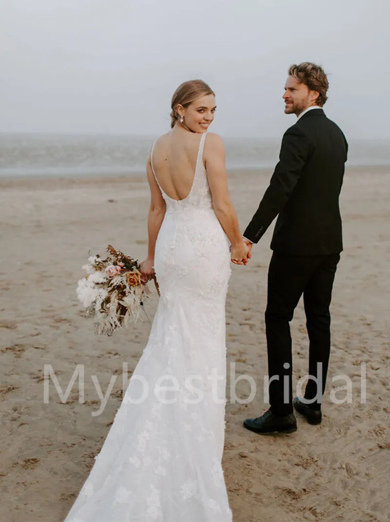 Simple Sexy Square neckline Spaghetti straps Mermaid Lace applique Wedding Dresses, WDY0215