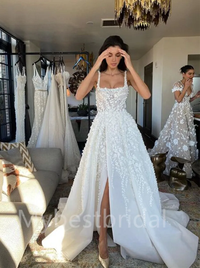 Simple Square Spaghetti straps A-Line Lace Wedding Dresses, WDY0192