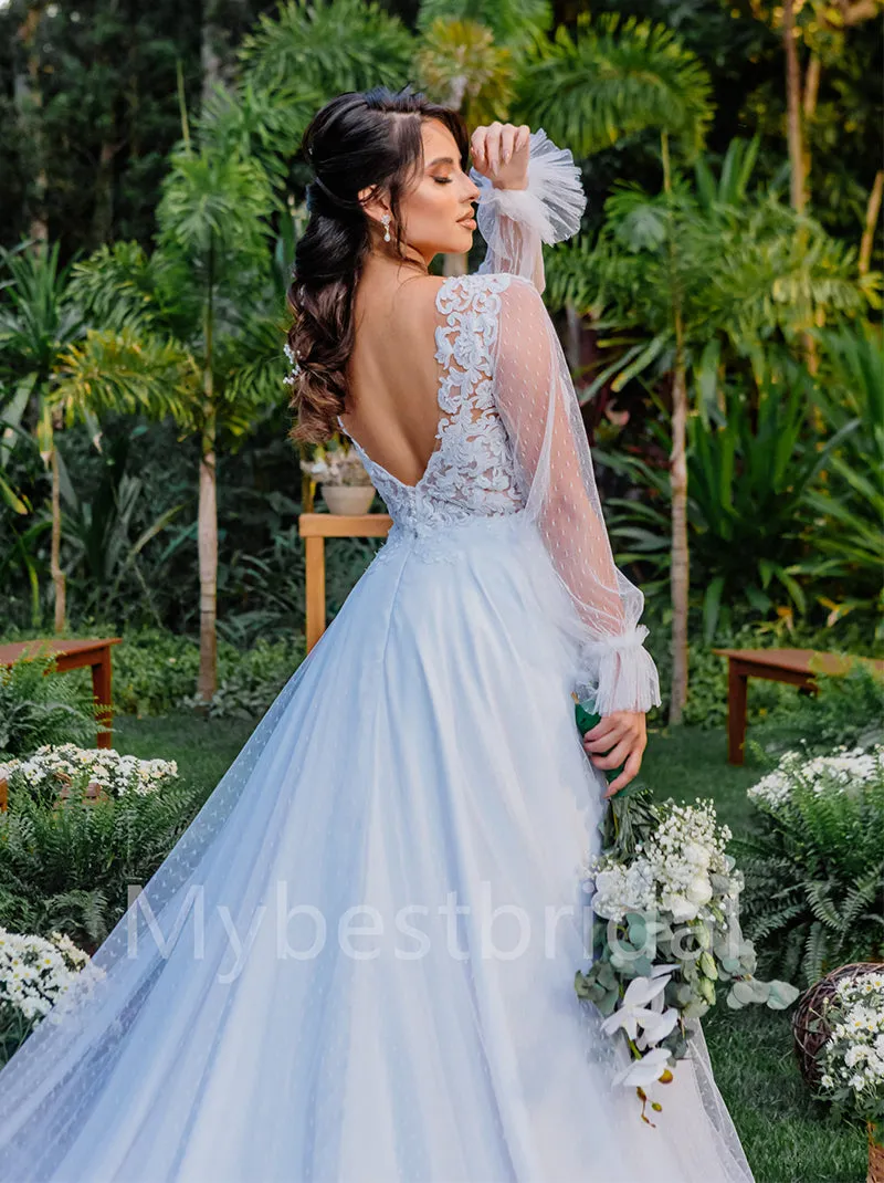 Simple V-neck Lone sleeves  A-line Lace applique Wedding Dresses, WDY0222