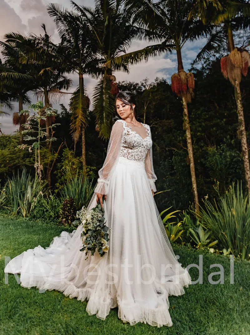 Simple V-neck Lone sleeves  A-line Lace applique Wedding Dresses, WDY0222