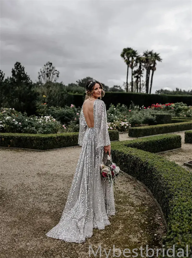 Simple V-neck Long sleeves A-line Wedding Dresses, WDY0252