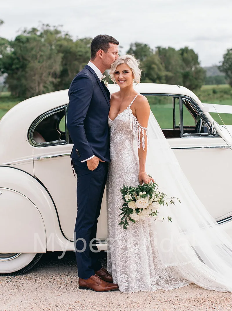 Simple V-neck Spaghetti straps Off-shoulder A-line Wedding Dresses, WDY0230