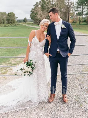 Simple V-neck Spaghetti straps Off-shoulder A-line Wedding Dresses, WDY0230