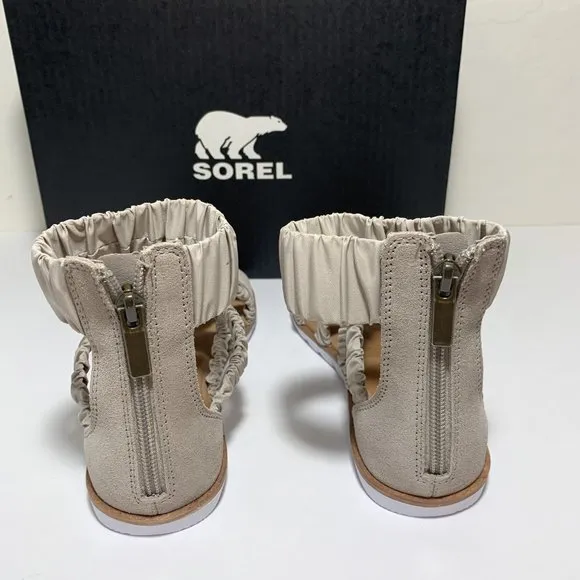 Sorel Ella II Ankle Strap Sandals Leather Flats Soft Taupe Size 8 NEW