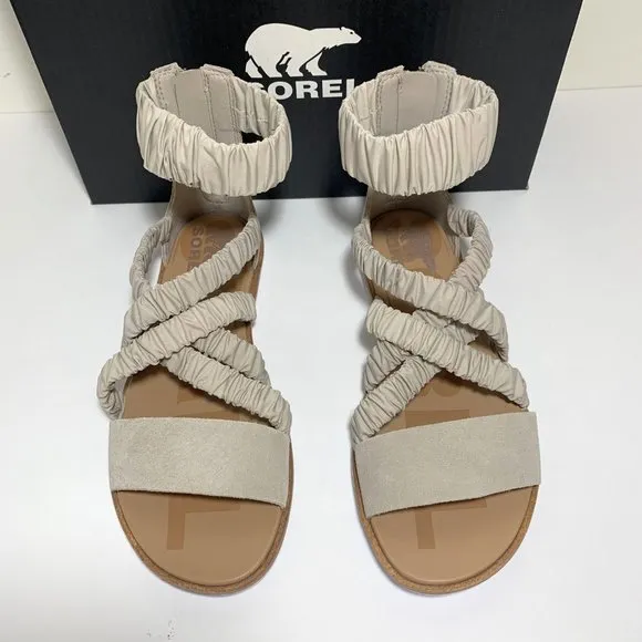 Sorel Ella II Ankle Strap Sandals Leather Flats Soft Taupe Size 8 NEW