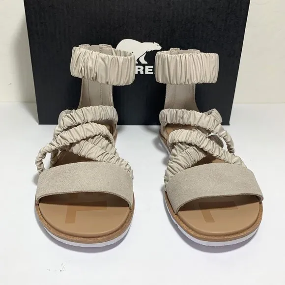 Sorel Ella II Ankle Strap Sandals Leather Flats Soft Taupe Size 8 NEW