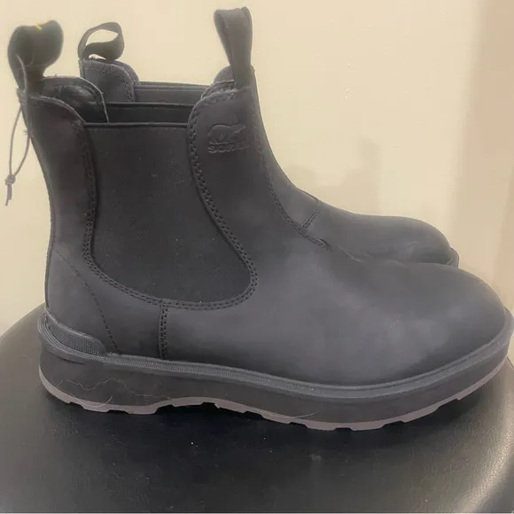 Sorel Hi Line Mens Size 10 Shoes Black Leather Pull On Comfort Chelsea Boots
