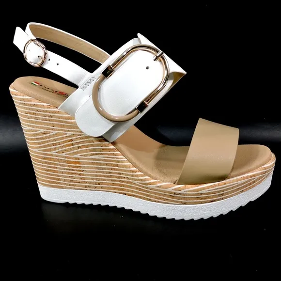 SPACE MODA BY REPO WOMEN'S BEIGE LEATHER COMFORT MEDGE SUMMER SANDALS
