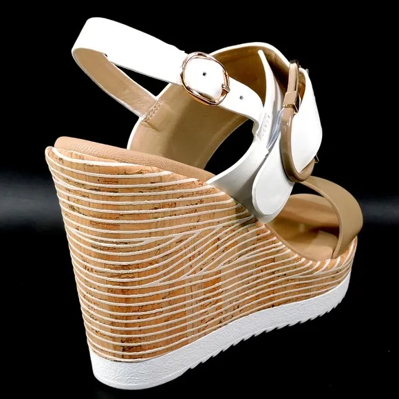 SPACE MODA BY REPO WOMEN'S BEIGE LEATHER COMFORT MEDGE SUMMER SANDALS