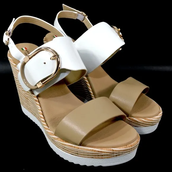 SPACE MODA BY REPO WOMEN'S BEIGE LEATHER COMFORT MEDGE SUMMER SANDALS