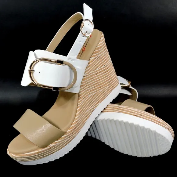 SPACE MODA BY REPO WOMEN'S BEIGE LEATHER COMFORT MEDGE SUMMER SANDALS