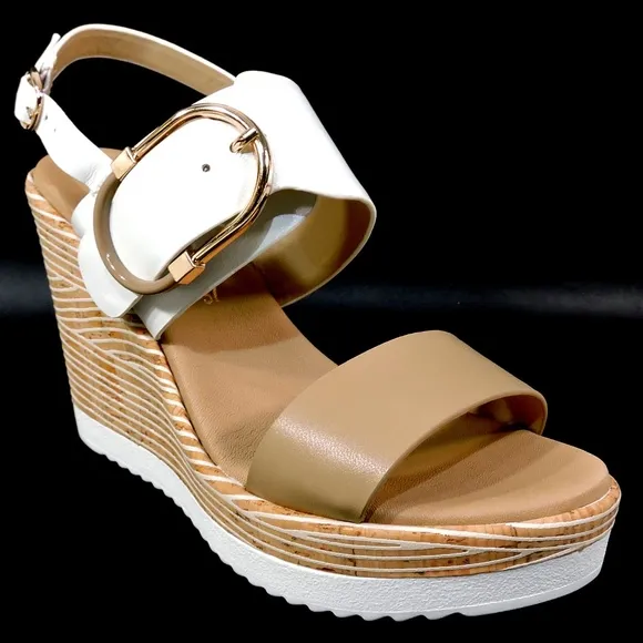 SPACE MODA BY REPO WOMEN'S BEIGE LEATHER COMFORT MEDGE SUMMER SANDALS