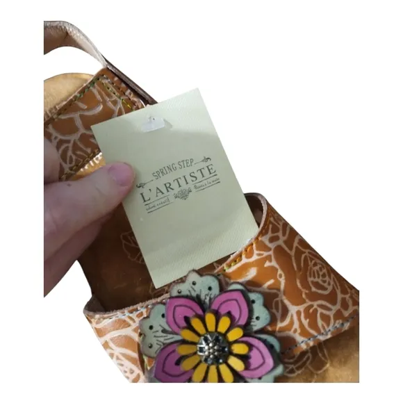 Spring Step L' Artiste Embossed Floral Leather Wedge Comfort Boho Sandal 41