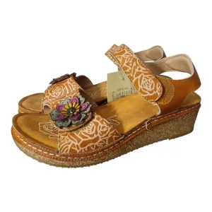 Spring Step L' Artiste Embossed Floral Leather Wedge Comfort Boho Sandal 41