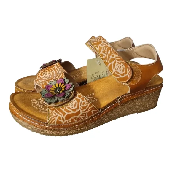 Spring Step L' Artiste Embossed Floral Leather Wedge Comfort Boho Sandal 41