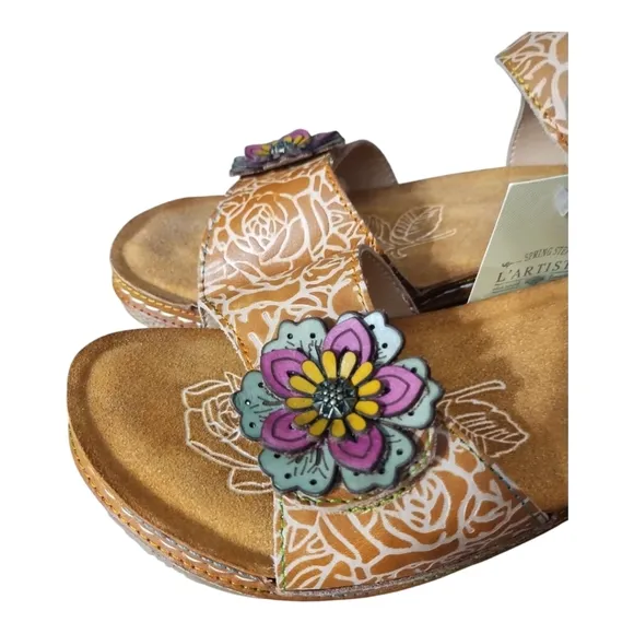 Spring Step L' Artiste Embossed Floral Leather Wedge Comfort Boho Sandal 41