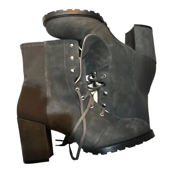 Stuart Weitzman‎ Savannah Grey Suede Leather lace up Ankle granny heeled boots