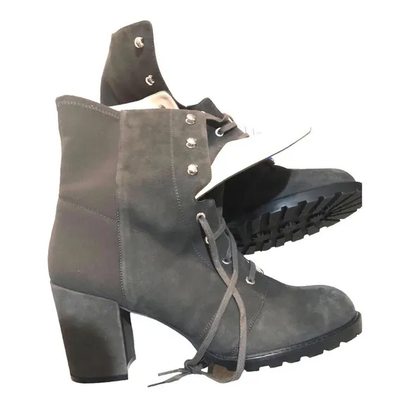 Stuart Weitzman‎ Savannah Grey Suede Leather lace up Ankle granny heeled boots