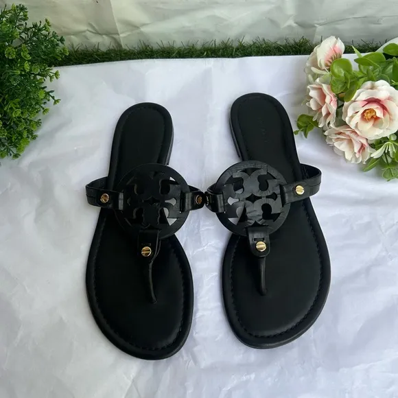 TORY BURCH Miller black leather Sandals size 8.5 women thong summer sandals