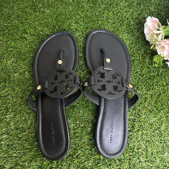 TORY BURCH Miller black leather Sandals size 8.5 women thong summer sandals