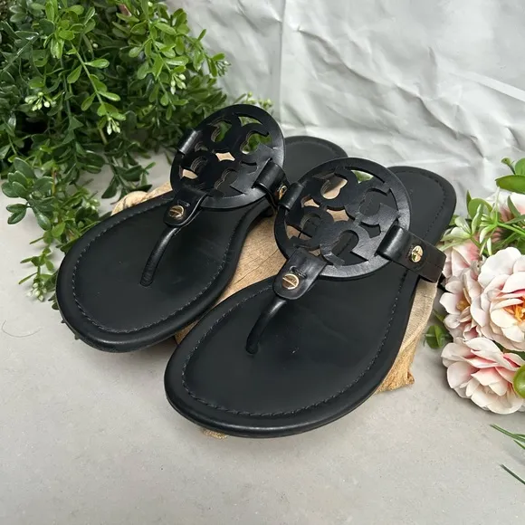 TORY BURCH Miller black leather Sandals size 8.5 women thong summer sandals