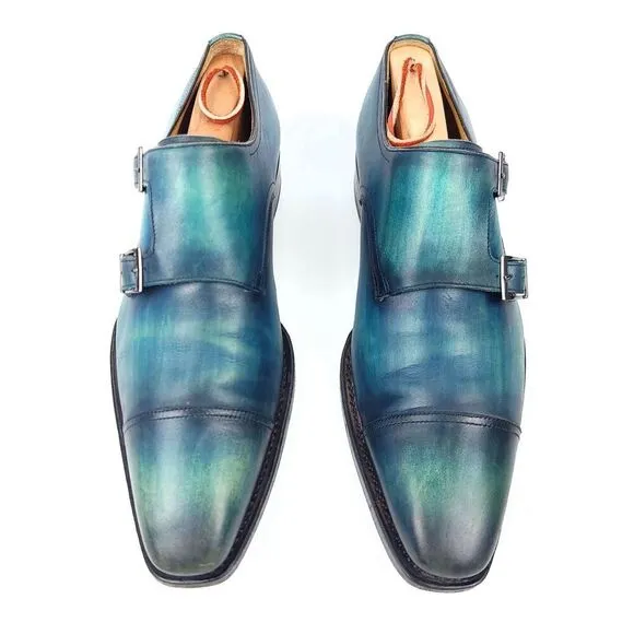 UGo Vasare Ombre Patina Leather Goodyear Double Monk Strap Dress Shoes Men's 9.5