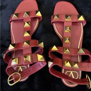 Valentino Red and Gold Pyramid Stud Sandals