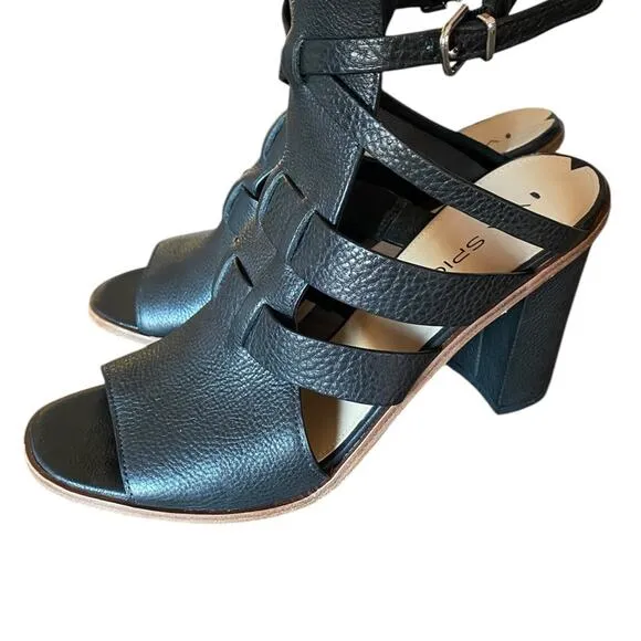 Via Spiga Brandina Black Leather Block Heel Strappy Sandals Open Toe size 9.5