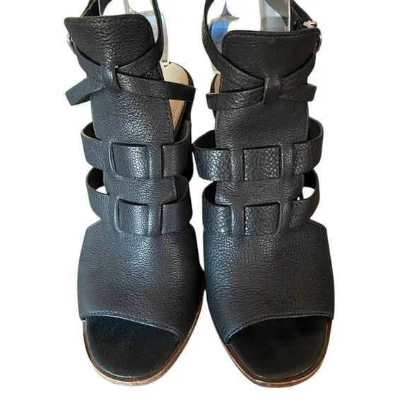 Via Spiga Brandina Black Leather Block Heel Strappy Sandals Open Toe size 9.5