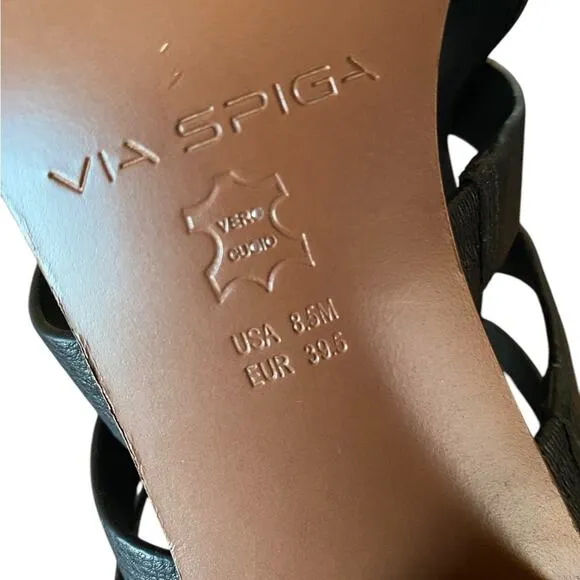 Via Spiga Brandina Black Leather Block Heel Strappy Sandals Open Toe size 9.5