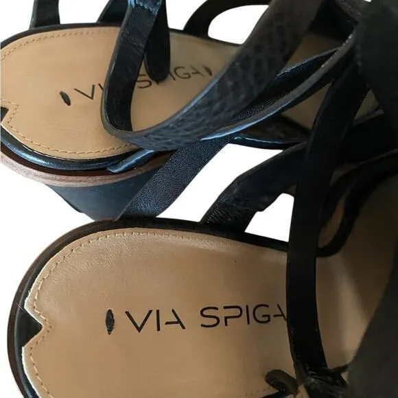Via Spiga Brandina Black Leather Block Heel Strappy Sandals Open Toe size 9.5