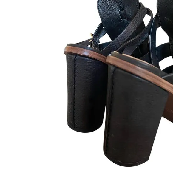 Via Spiga Brandina Black Leather Block Heel Strappy Sandals Open Toe size 9.5