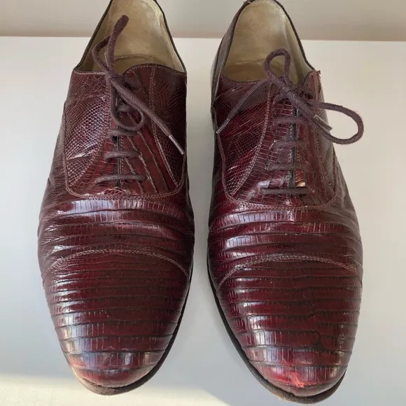 Vintage Adamici Burgundy Exotic Lizard Skin leather lace-up Oxford Dress Shoes 9