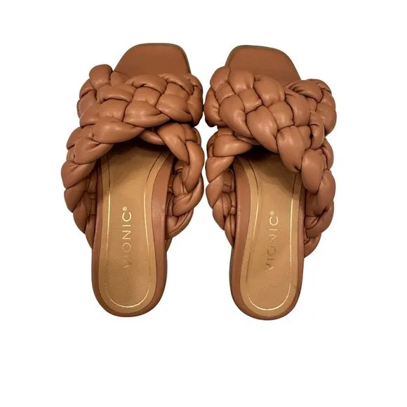 Vionic Kalina Slides Braided Sandals Size 7  Sand Slip on Shoes Arch Support NWO