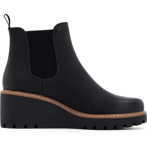 vodvob Ankle Boots Women Black Faux Leather Wedge Platform Booties Slip On Shoes