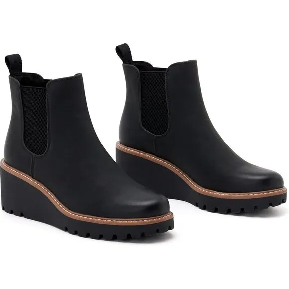 vodvob Ankle Boots Women Black Faux Leather Wedge Platform Booties Slip On Shoes