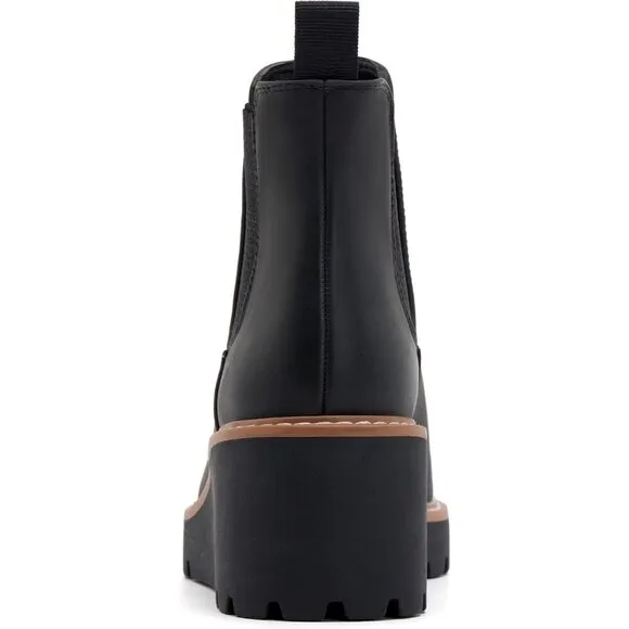 vodvob Ankle Boots Women Black Faux Leather Wedge Platform Booties Slip On Shoes