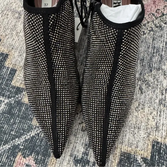 Zara Black Textile Silver Rhinestone Kitten Heel Ankle Bootie Sz 37 ~ NEW