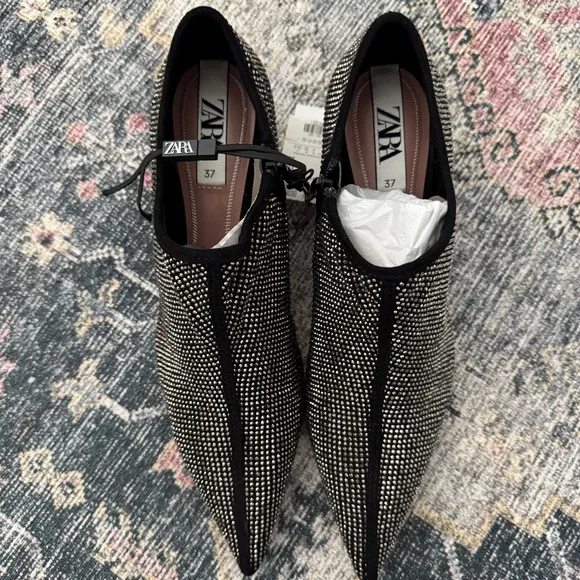 Zara Black Textile Silver Rhinestone Kitten Heel Ankle Bootie Sz 37 ~ NEW