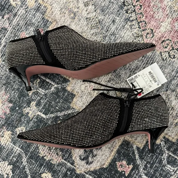 Zara Black Textile Silver Rhinestone Kitten Heel Ankle Bootie Sz 37 ~ NEW