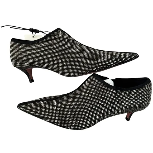 Zara Black Textile Silver Rhinestone Kitten Heel Ankle Bootie Sz 37 ~ NEW